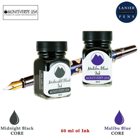 Monteverde 60ml Core Fountain Pen Ink Bottle (30ml Midnight Black Ink Bottle G309MB, 30ml Malibu Blue Ink Bottle G309MU)