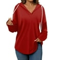 thumbnail image 2 of UPPADA Womens Loose Fit Hoodies V Neck Long Sleeve Hooded Sweatshirts Trendy Fall Oversized Drawstring Hoodie with Pocket Women Hooded Sweatshirt Red,L, 2 of 6