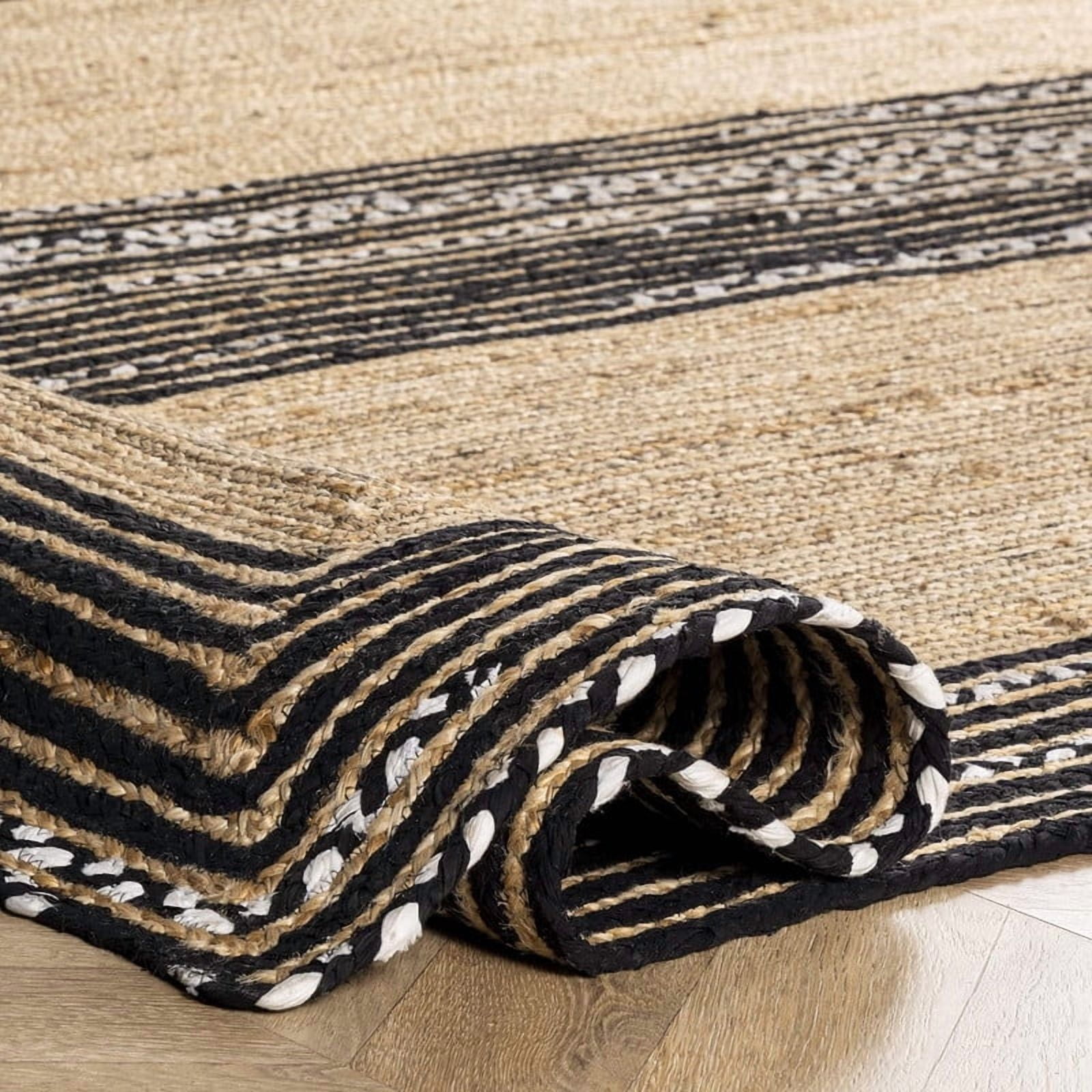 4x9 Ft Black & White Cotton Jute Area Rug, Hand-Woven, Reversible, Farmhouse Boho Style, Durable & Pet-Friendly Rug for Living Room, Dining Room, and Bedroom
