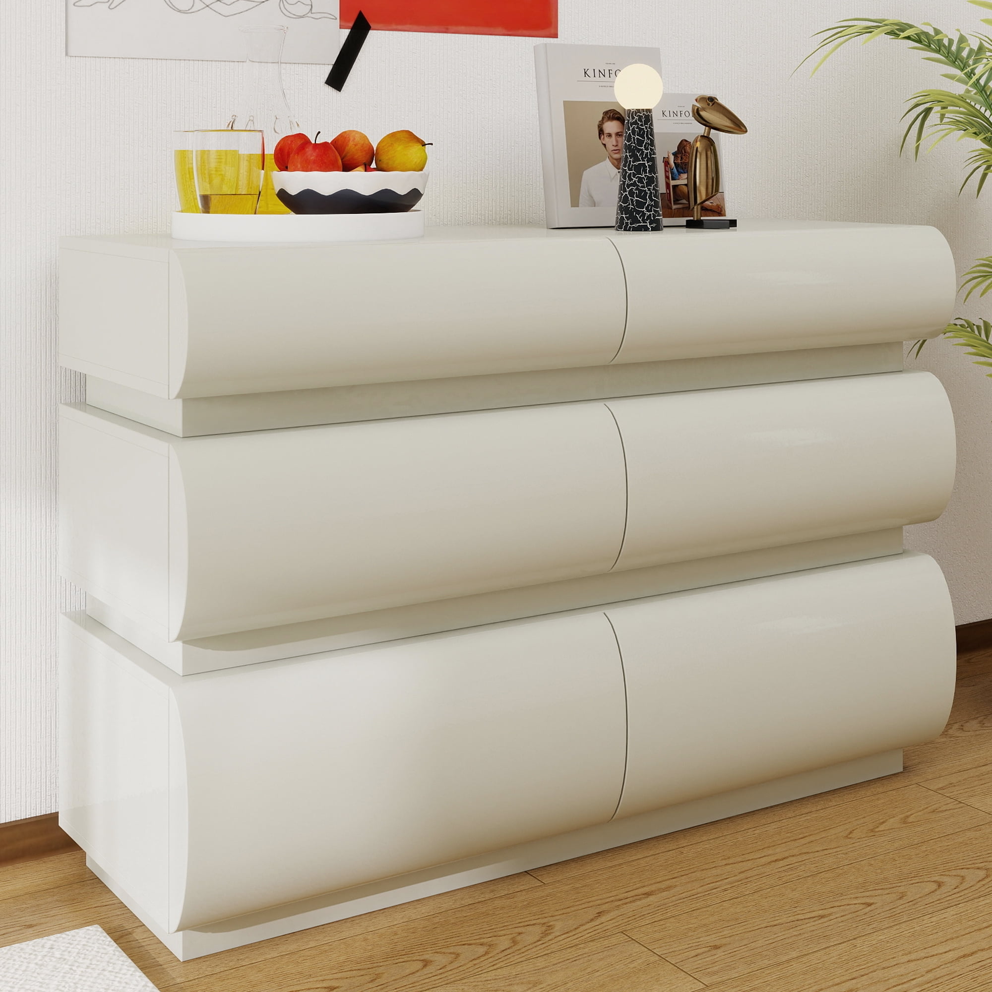 HIUU Modern dressers & chests of drawers with 6 Drawers, Dresser Cabinet Clothes Storage for Bedroom, Wooden Dressers Drawers with Spacious Tabletop（White）