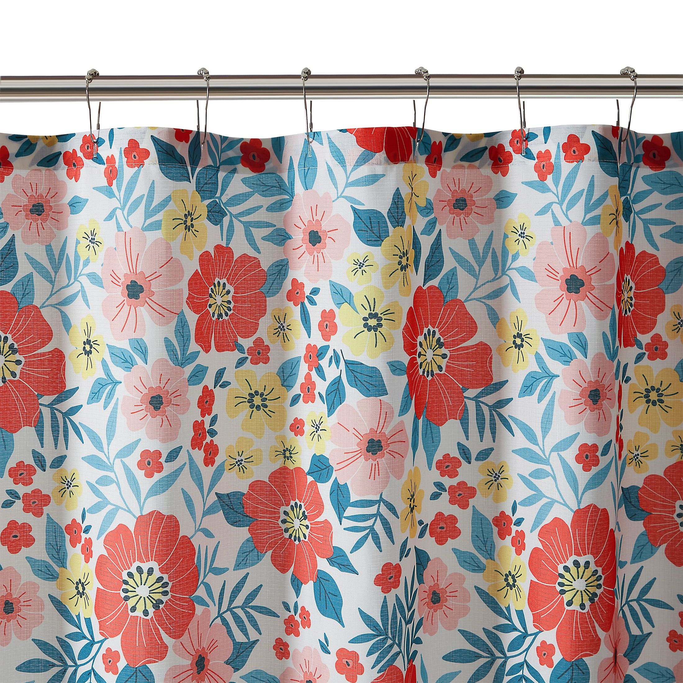 Mainstays 14-Piece Pink Floral Shower Curtain Set – 72" x 72" Faux Linen Fabric, Waterproof PEVA Liner & Metal Hooks, Machine Washable