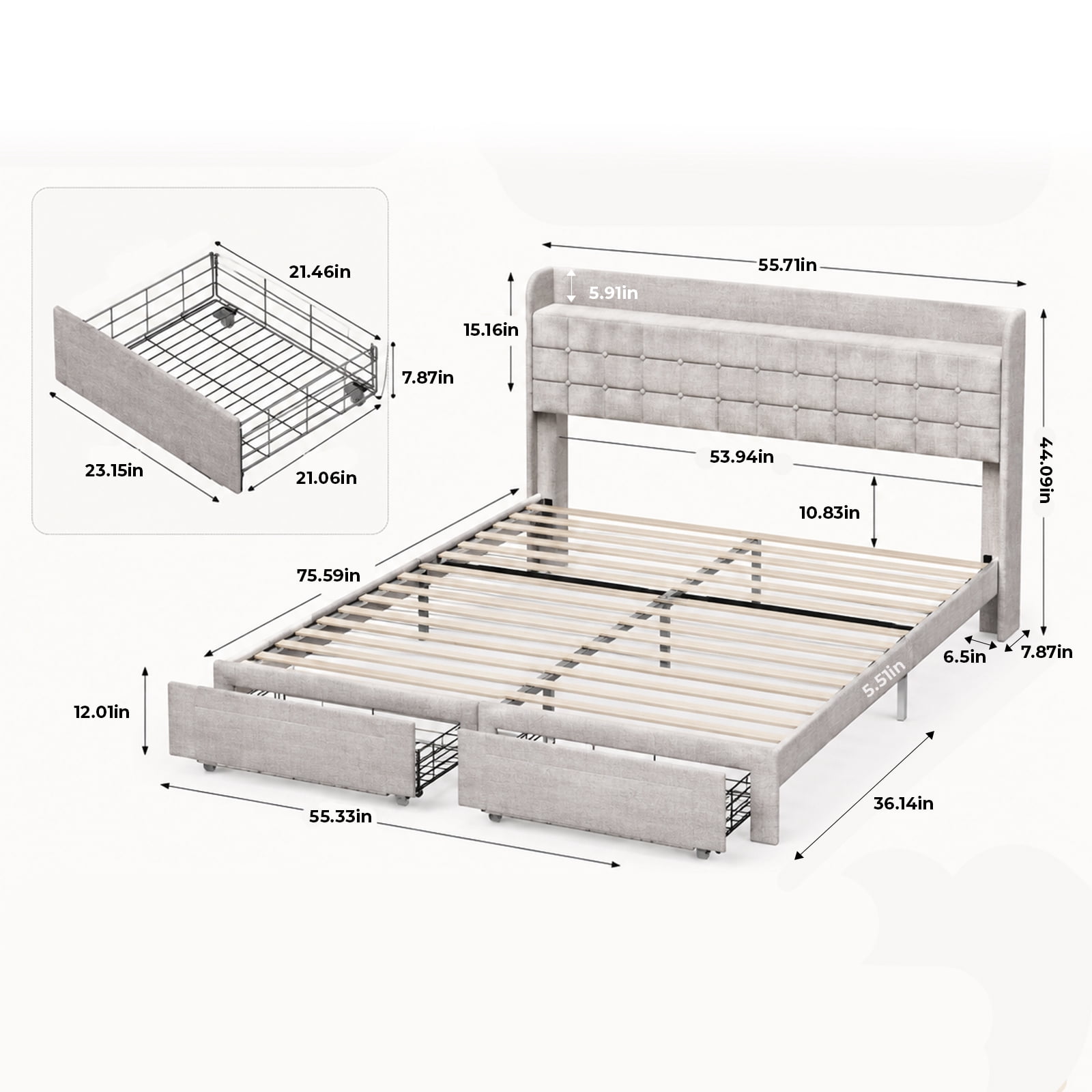 Alvantor Upholstered Bed Frame with 2 Storage Drawers and Fabric Headboard, Full Size, Heavy Duty Metal Platform, Easy Assembly