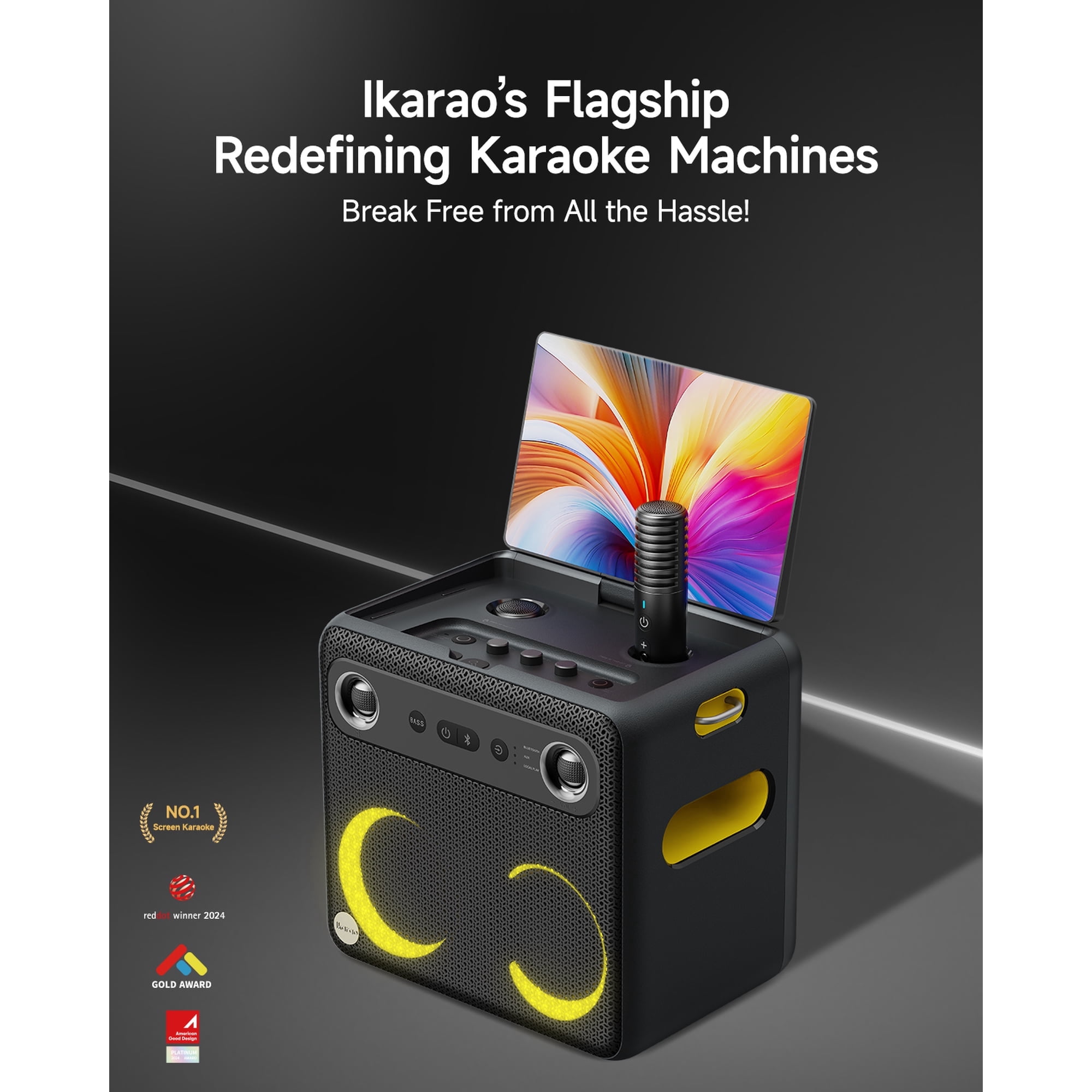 Ikarao Smart Karaoke Machine for Adults with Screen Lyrics Display, 2 Wireless Mics, Portable Bluetooth Speaker for Music Party