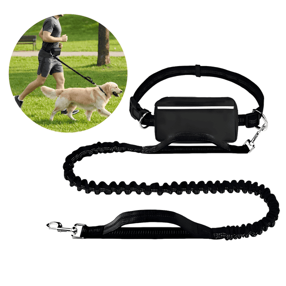 Hands Free Dog Leash, Waist Running Leash with Zipper Pouch for Walking, Dual Handle and Retractable Bungee for Training Jogging Hiking – for Medium & Large Dogs