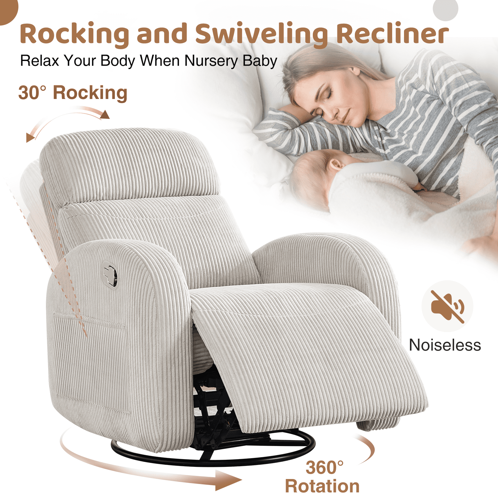 Aemeios Corduroy Swivel Rocker Glider Manual Recliner Nursery Rocking Chair with Double Pockets, Camel