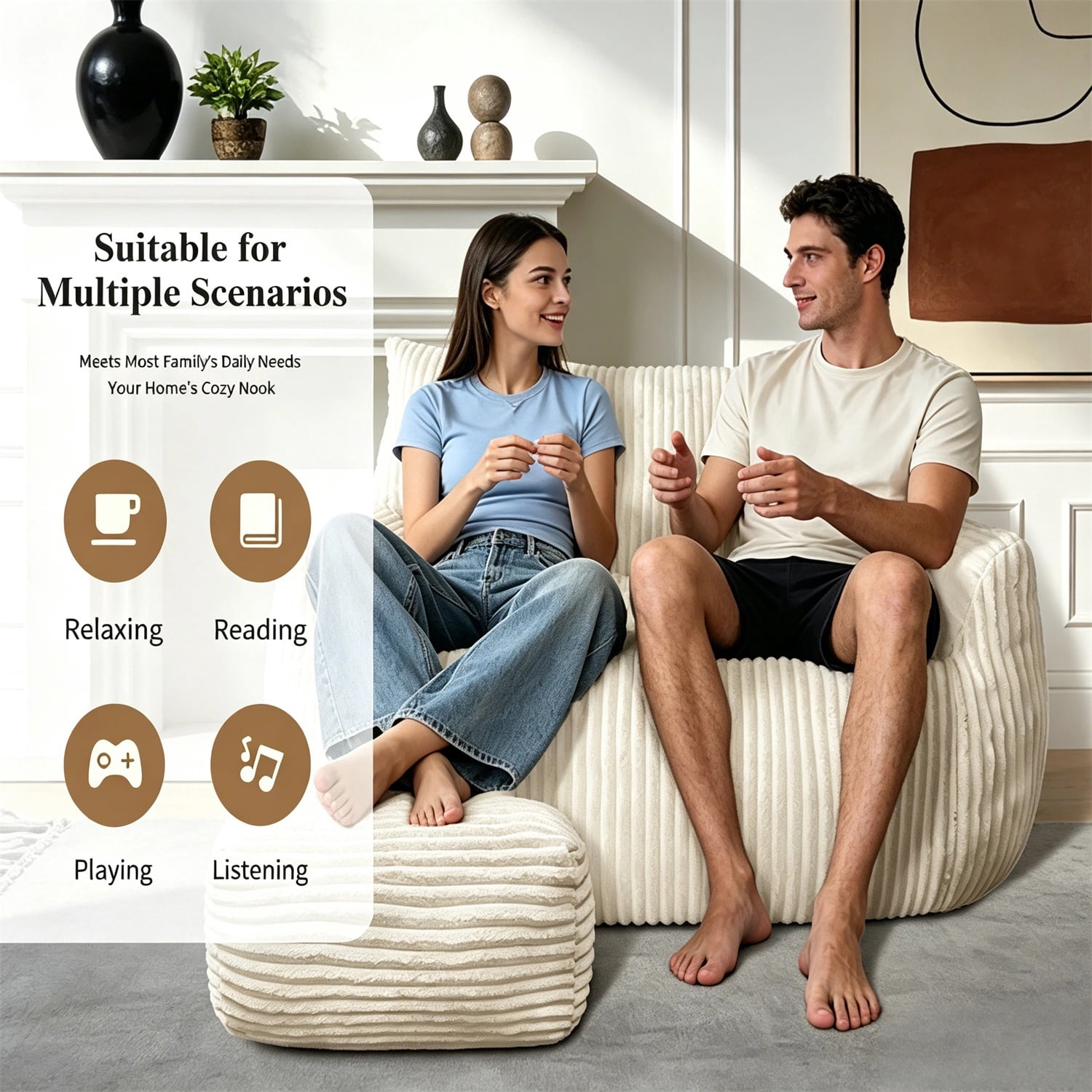 Hommoo Lovseat sofa with Ottoman, Cloud-Love Oversized 2-Seater Fluffy Bean Bag Chair for Living Room & Bedroom, White