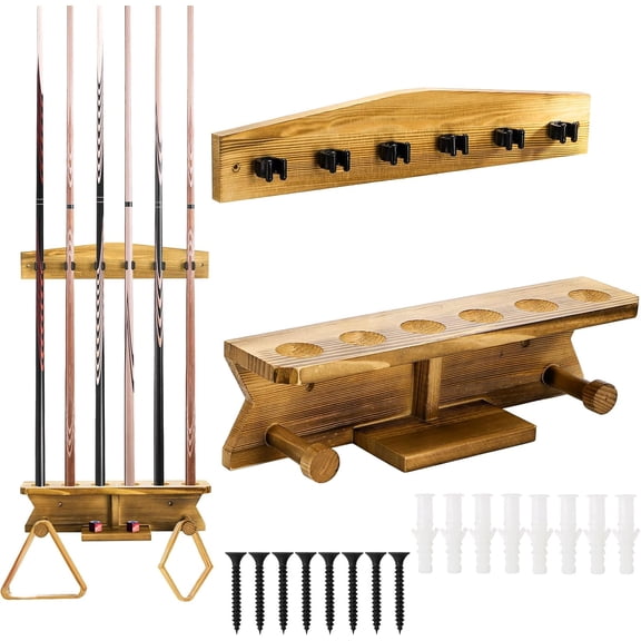 Wall Mount Pool Stick Holder, Wood Billiard Cue Rack for 6 Cues Storage & 2 Ball Racks, Sturdy Hanging Pool Cue Rack, Pool Table Accessories Equipment Organizer for Game Room, Bar