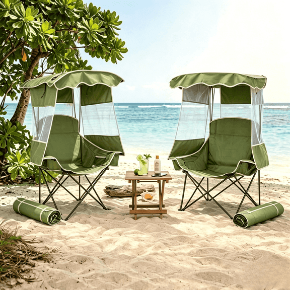 ABORON Camping Chair with Canopy, Folding Beach Canopy Chair with Ice Bag, Side Pockets and Cup Holder, Portable Ergonomic Camping Chair for Adults Camping, Picnic, Fishing, Tailgates - Green 2 Pack