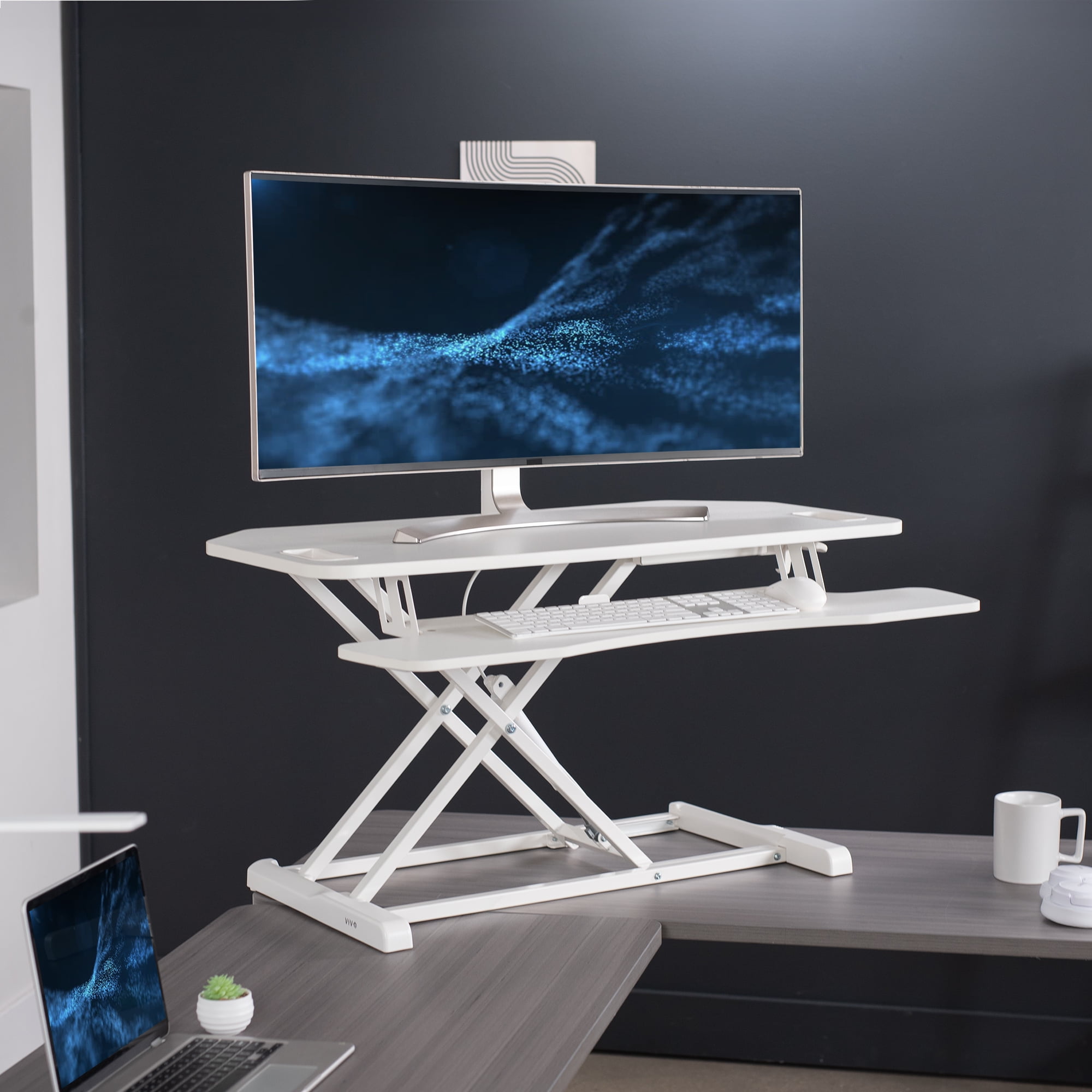 VIVO White Height Adjustable Corner Desktop Monitor Riser 38" Sit Stand Tabletop