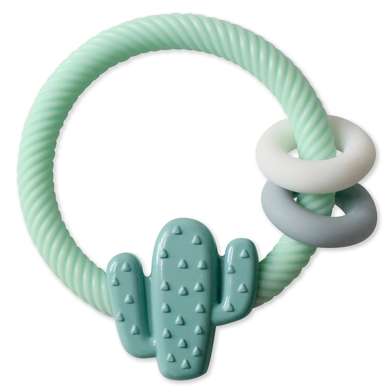 Itzy Ritzy Silicone Teether with Rattle; Features Rattle Sound, Two Silicone Rings and Raised Texture to Soothe Gums; Ages 3 Months and Up; Cactus