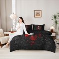 thumbnail image 4 of Manfei Halloween Victorian Damask Skull Rose Queen Bedding 7pcs, Gothic Floral Butterfly Bedding Comforter Set Queen, Black Red White,Black Reversible, 4 of 7