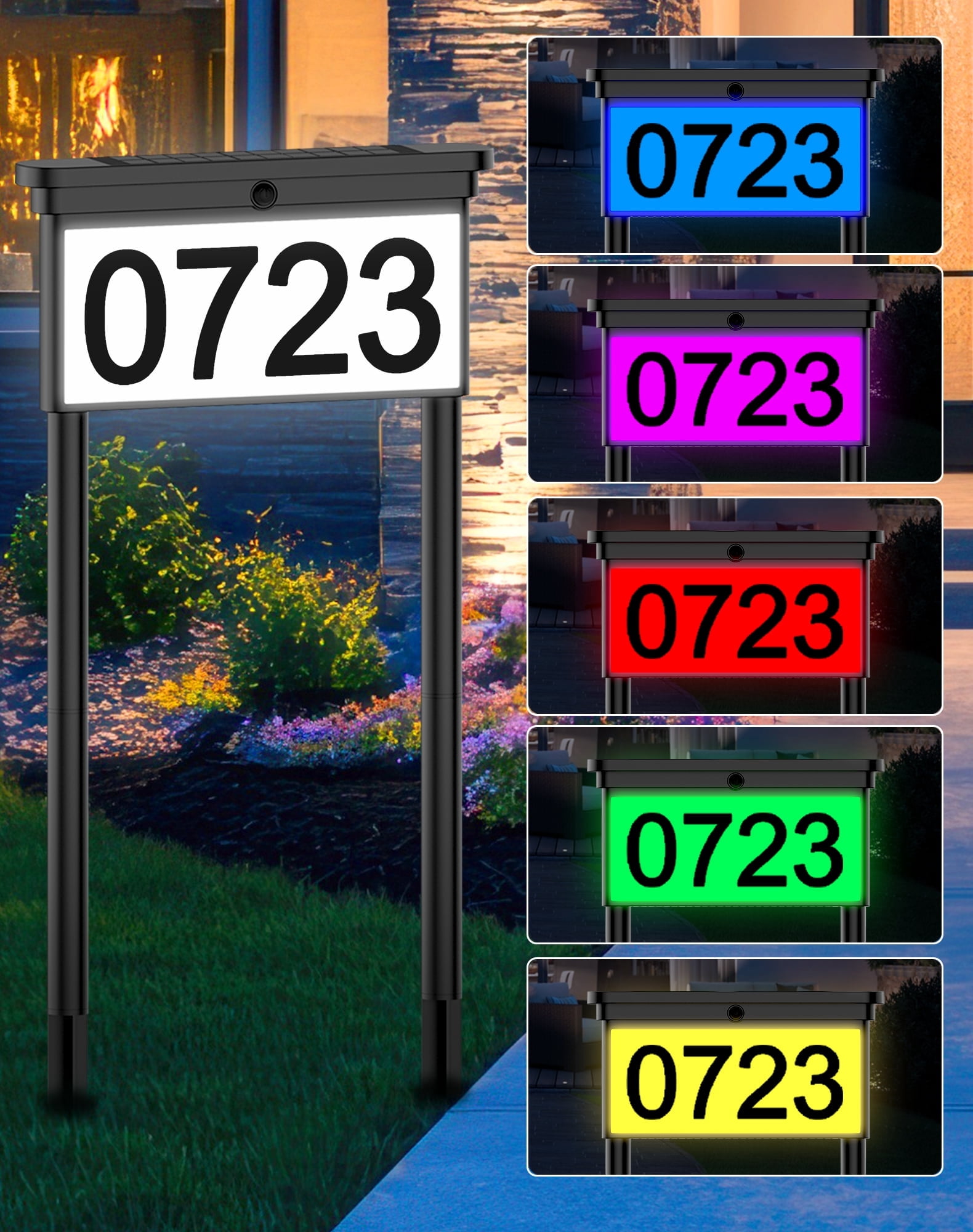 2 IN 1 Solar Address Sign 12 Color Changing Light LED Outdoor Yard Lighted House Numbers Waterproof Illuminated Address Plaque with Stakes 20 LEDs 2 Ways for Outside Street