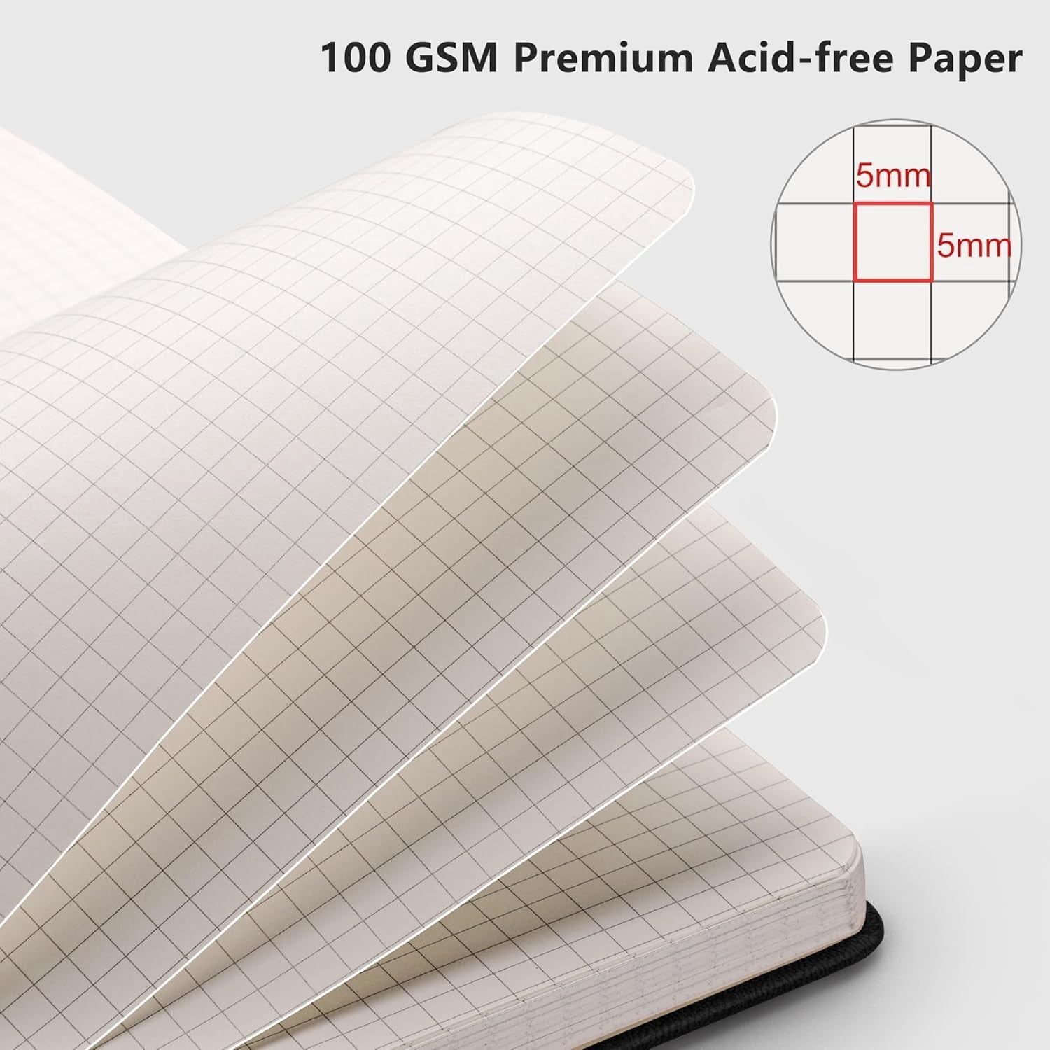 Graph Grid Paper Notebook, 2-Pack, 192 Pages per Pack, A5 Medium Size (5.7'' x 8.3''), Leather Hardcover, 100 GSM Thick Paper, for School, Students, Math, Engineering (Black & Black)