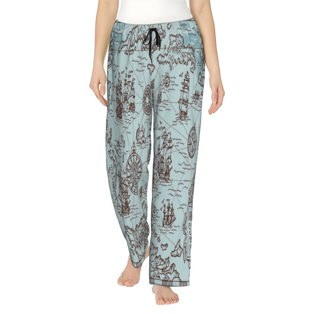Balery Pirate Adventure Map Pantalones de pijama para mujer, pijamas ultraligeros, pantalones de estar por casa-Large