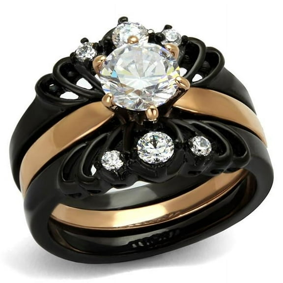 Alamode TK2189-5 Women IP Rose Gold & IP Black Stainless Steel Ring with AAA Grade CZ in Clear - Size 5