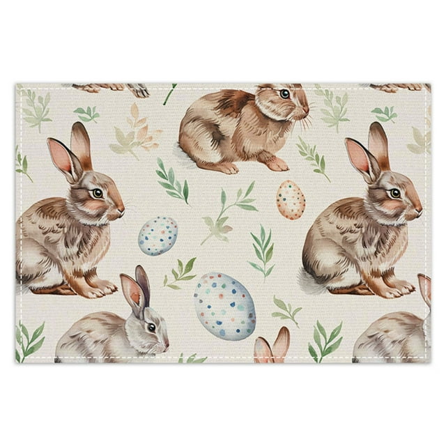 Binwennn Napperon de Pâques Lin Imprimé Lapin Napperon Décoration de Table de Salon Napperon Isolant Table pour Table Ronde 4 Pcs Ensemble de Table à Manger en Osier pour 4 Moderne Rond Moderne