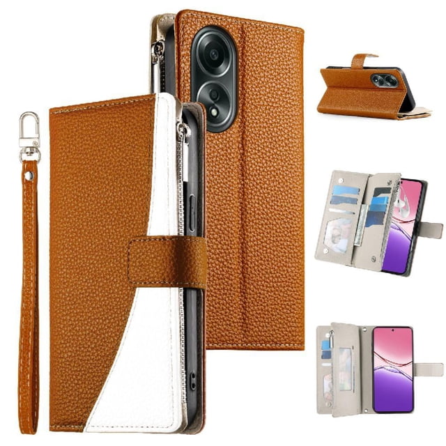 Funda cartera GANGXUN para OPPO A58 4G , cuero PU con tarjetero, cremallera, correa de mano, soporte y protección 482°