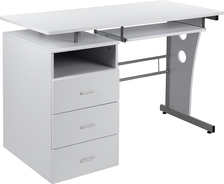 White Desk with Three Drawer Single Pedestal and PullOut Keyboard Tray