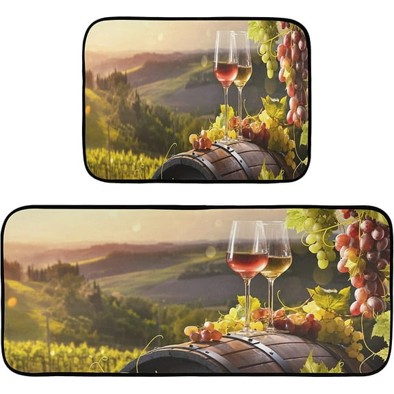 Wine Glass Grapes Barrel Kitchen Mats Farmhouse Vineyard Fruit Kitchen Rugs Runner Laundry Rug Non Slip Floor Door Mats Soft Doormats Carpet Home Decor Set of 2