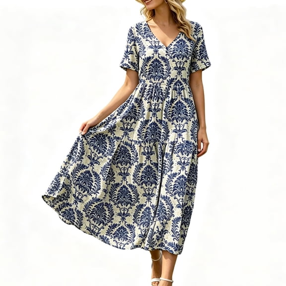 Levmjia Women's Porcelain Print Maxi Dress V Neck Short Sleeve Tiered Casual Flowy Summer Fashion Long Dress For Beach Vacation