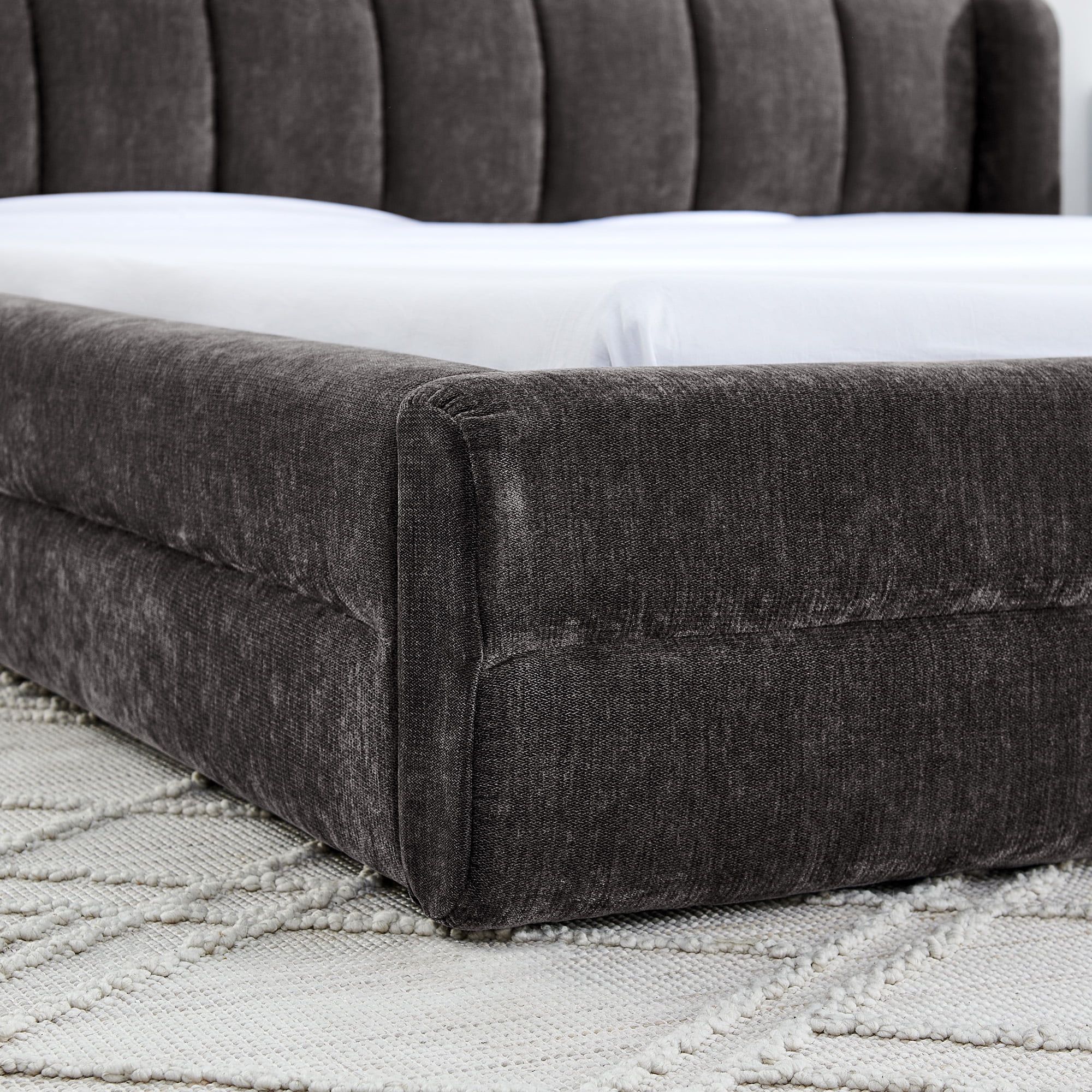 Modern Dark Grey Wood Frame Grounded Queen Size Platform Bed, Queen Chenille Upholstered Platform Bed with Headboard