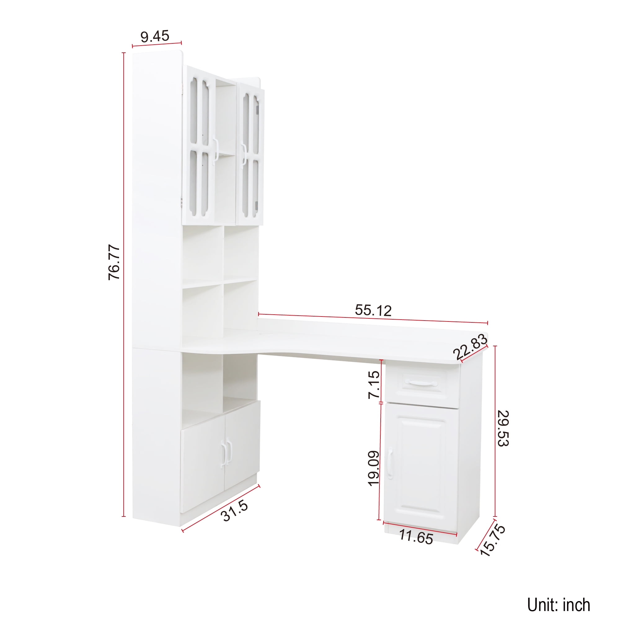Aukfa 2-in-1 L-Shaped Computer Desk Corner Desk w/ Hutch Drawers & Bookshelf for Home Office,White