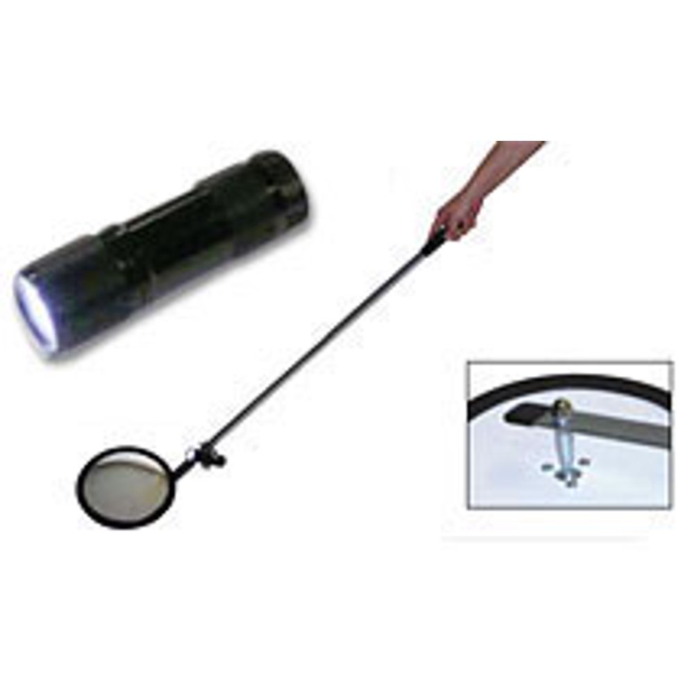 Flat Inspection Mirror with Flashlight, 8" Face, and 35" Handle