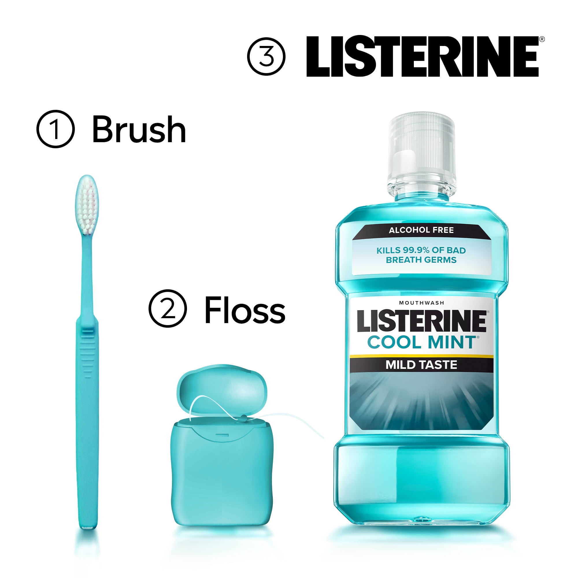(3 pack) Listerine Cool Mint Alcohol Free Mild Oral Care Mouthwash for Bad Breath, Cool Mint Mild, 1.5 L
