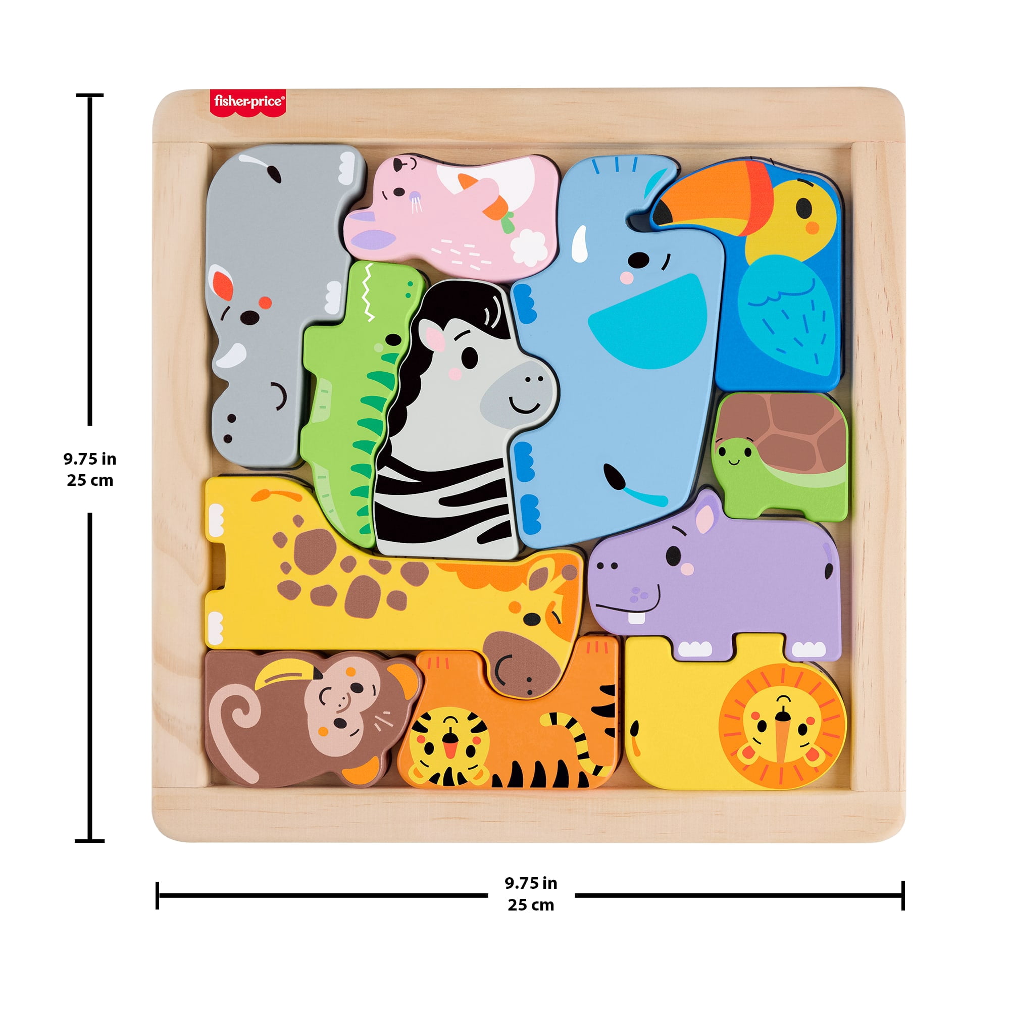 Fisher-Price Wooden Animal Puzzle, Shape-Sorting Activity for Kids, 12 Wood Blocks