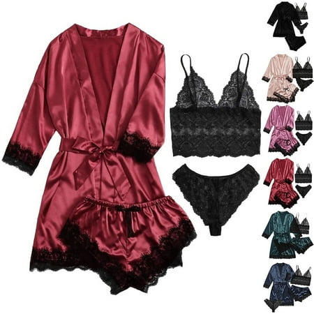 4Pcs Woman Sleepwear Pajamas Robe Sexy Lace Lingerie Silk Satin Home Nightwear Purple L YIWEI
