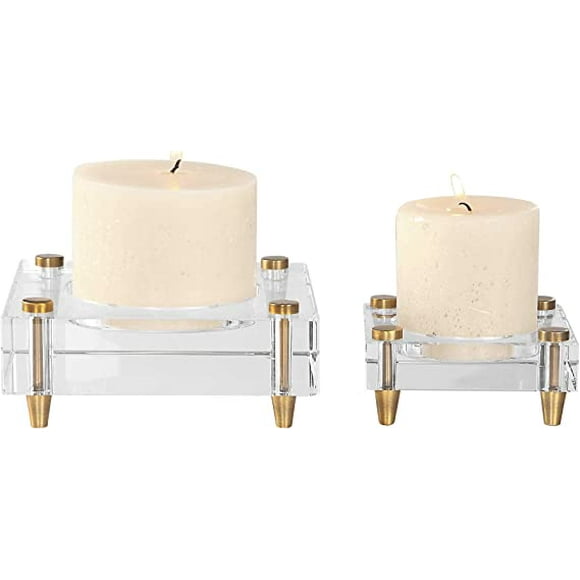 Uttermost 18643 Claire 2.5"H Crystal Candle Holder Set, Brass Finish, Set of 2