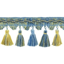 3 1/2" (8.5cm) Veranda Collection Elegant Scalloped Tassel Fringe Trim # VTF035, Cinderella Blue #VNT13 (Light Blue, Sky Blue, Golden Yellow) 5 Yards (15 ft/4.5m)