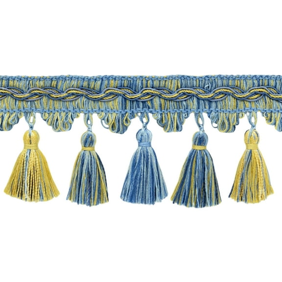 3 1/2" (8.5cm) Veranda Collection Elegant Scalloped Tassel Fringe Trim # VTF035, Cinderella Blue #VNT13 (Light Blue, Sky Blue, Golden Yellow) 5 Yards (15 ft/4.5m)