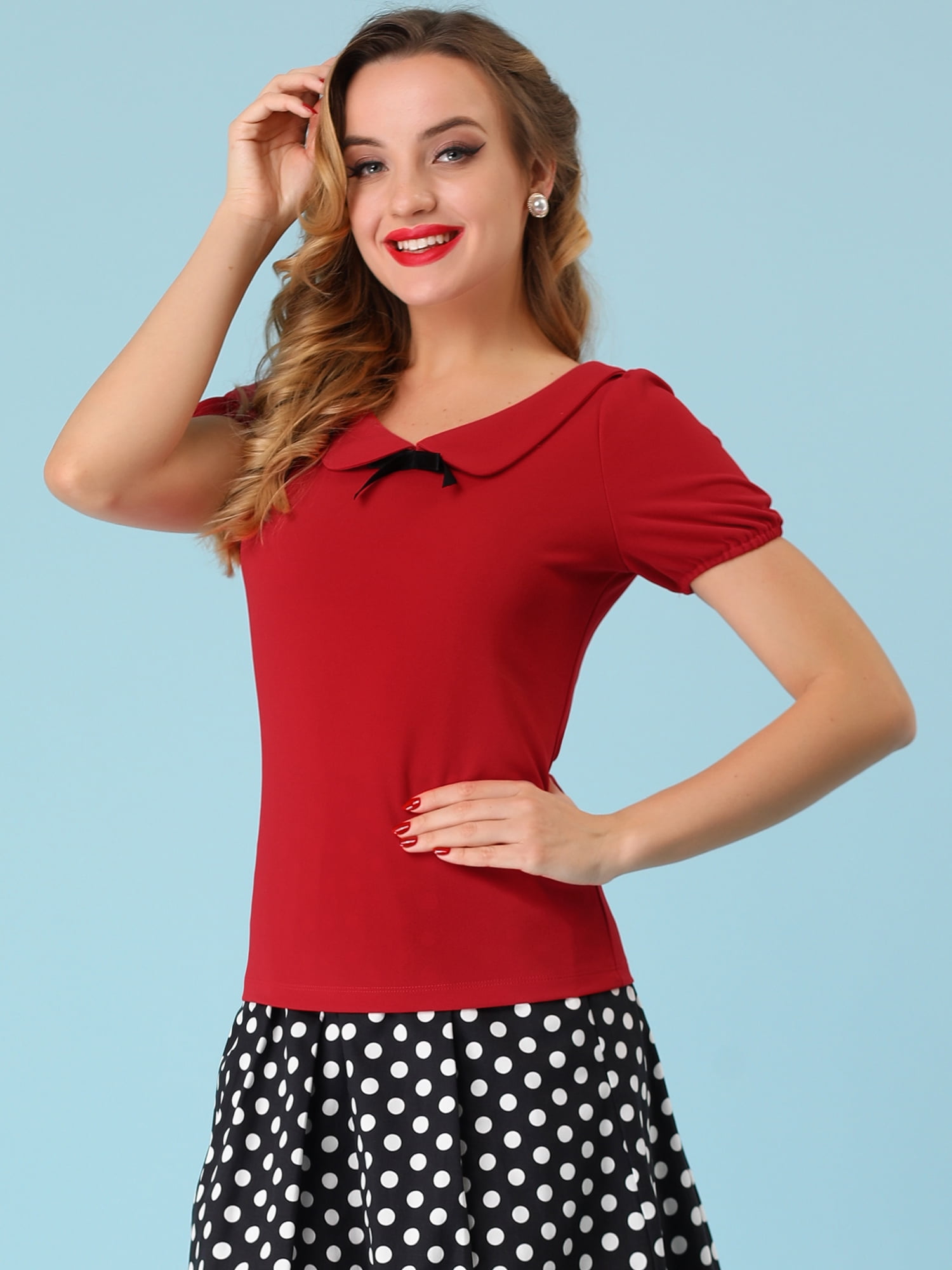 DARING DIVA Flat Collar Elastic Cuff Bow Decor Blouse L Red