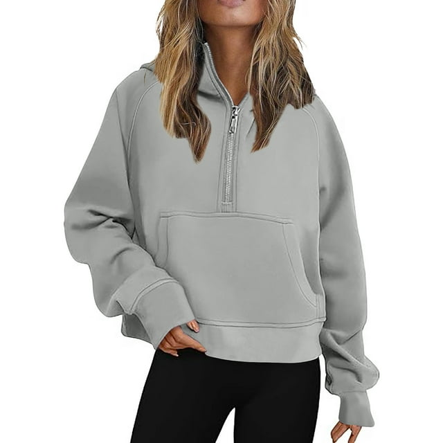Frostluinai Sweat à Capuche Demi-Zip pour Femmes Manches Longues Chandails en Molleton d'Entraînement Unis Décontractés Raglan Pull Ample avec Poche Liquidation