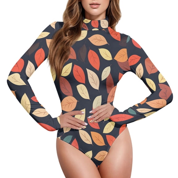 joogoo Autumn Fall Leaf Women's Mock Turtle Neck Long Sleeve Bodysuit L