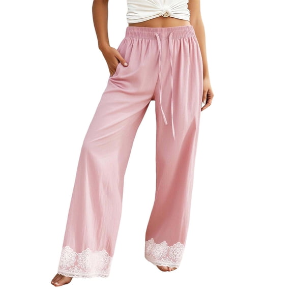 DHFJKG Flowy Wide Leg Pants For Women Lace Trim Palazzo Drawstring Elastic Waist Pants With Pockets Summer Beach Vacation Clothes Versatile Trousers