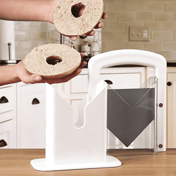 Manual Bagel Guillotine Slicer with Safety Shield – Stainless Steel Blade, Non-Slip Base for Perfect Slicing – White