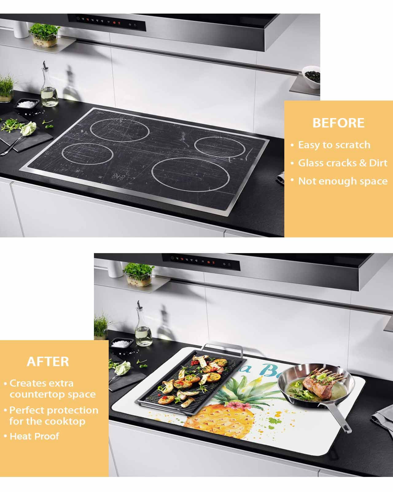 nqOlkjepod Large Induction Cooktop Protector Mat 24"x21", Summer Pineapple Stove Top Covers for Electric Stove, Watercolor Modern Art Tropical Fruit Stove Burner Cover Mats, Glass Top Stove Cover