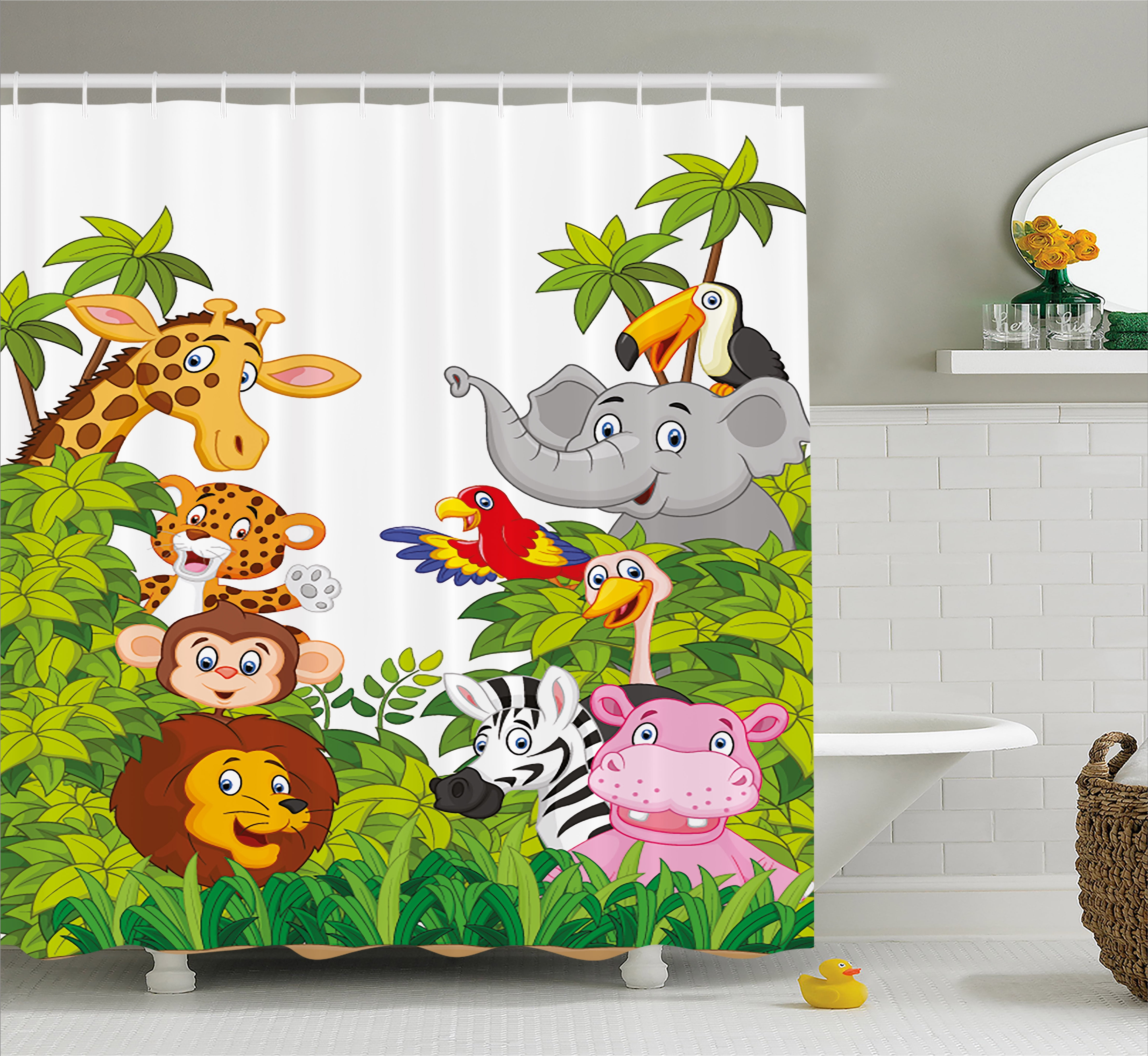 Nursery Shower Curtain, Cartoon Style Zoo Animals Safari ...