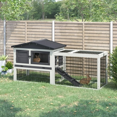 Pawhut Solid Wood Rabbit Hutch with 2 House Levels and Patio Space, Strong Black Metal Cage Wire, and Easy Clean Tray