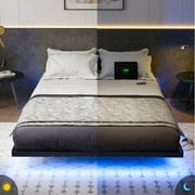 Kbun Queen Floating Bed Frame with Smart LED Lights and Charging Station, Heavy Duty Metal Platform Bed Frame, Noise-Free, Under-Bed Storage, No Box Spring Needed