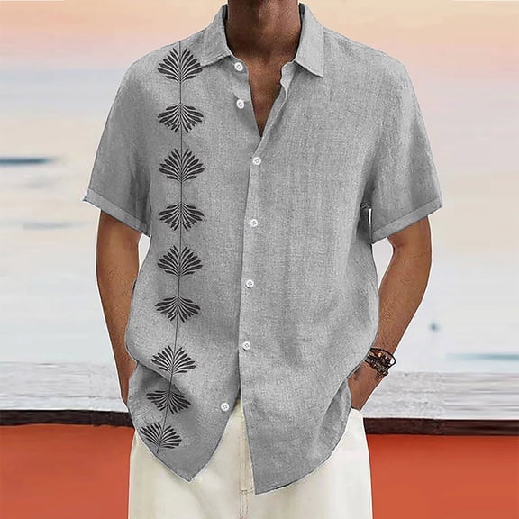 Men's Fashion Shirts Hawaiian Tropical Printed Button Down Shirt Casual Summer Beach Dress Shirts Gray 2XL