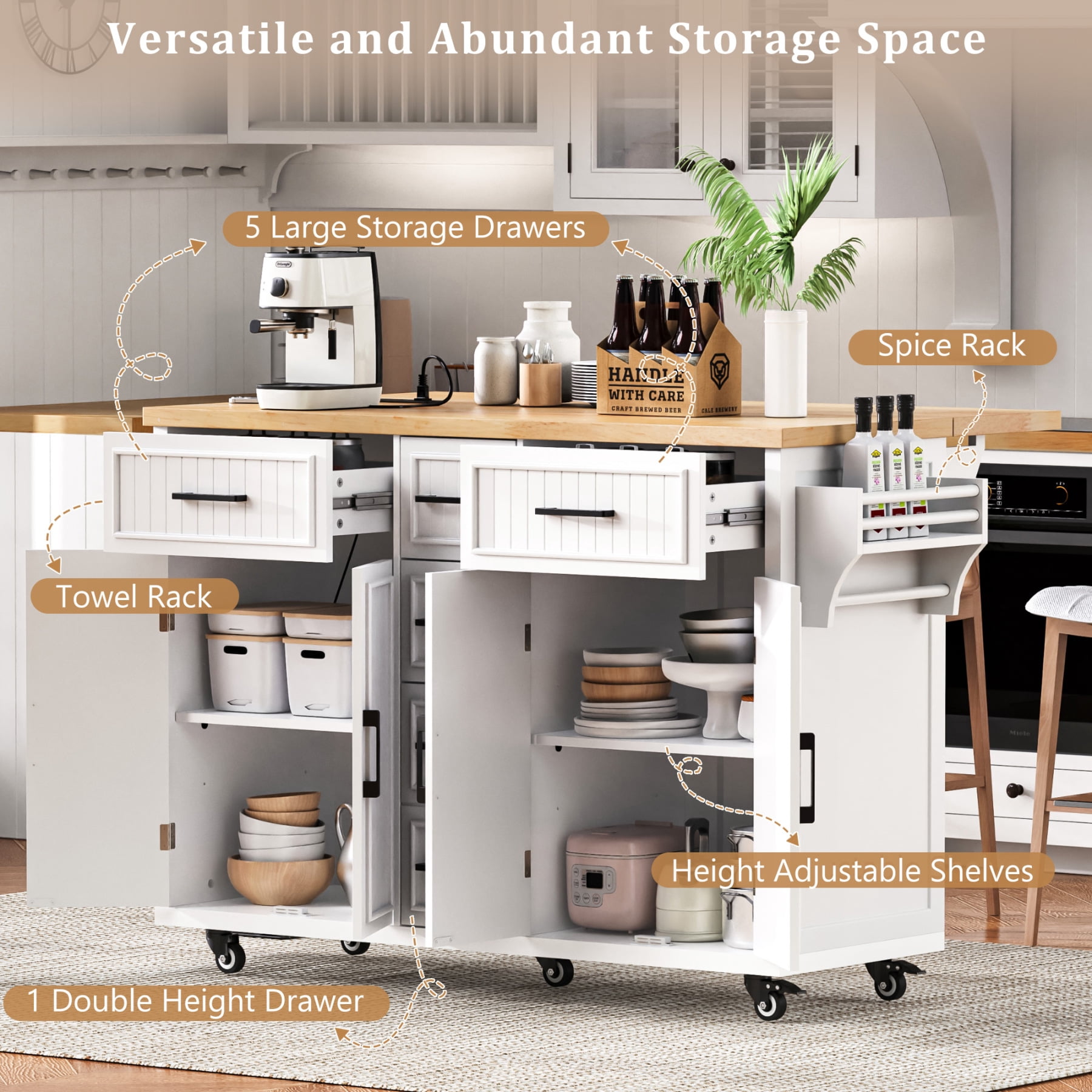Harper & Bright Designs Kitchen Island with Drop Leaf, Rolling Kitchen Cart on Wheels with Doors, Drawers and Power Outlet for Dining Room, White