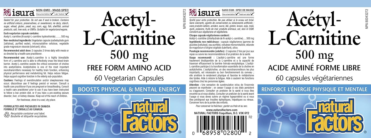 Natural Factors Acetyl L-Carnitine 500 mg, Promotes a Healthy Memory,  Concentration and Brain Function, 60 Vegetarian Capsules