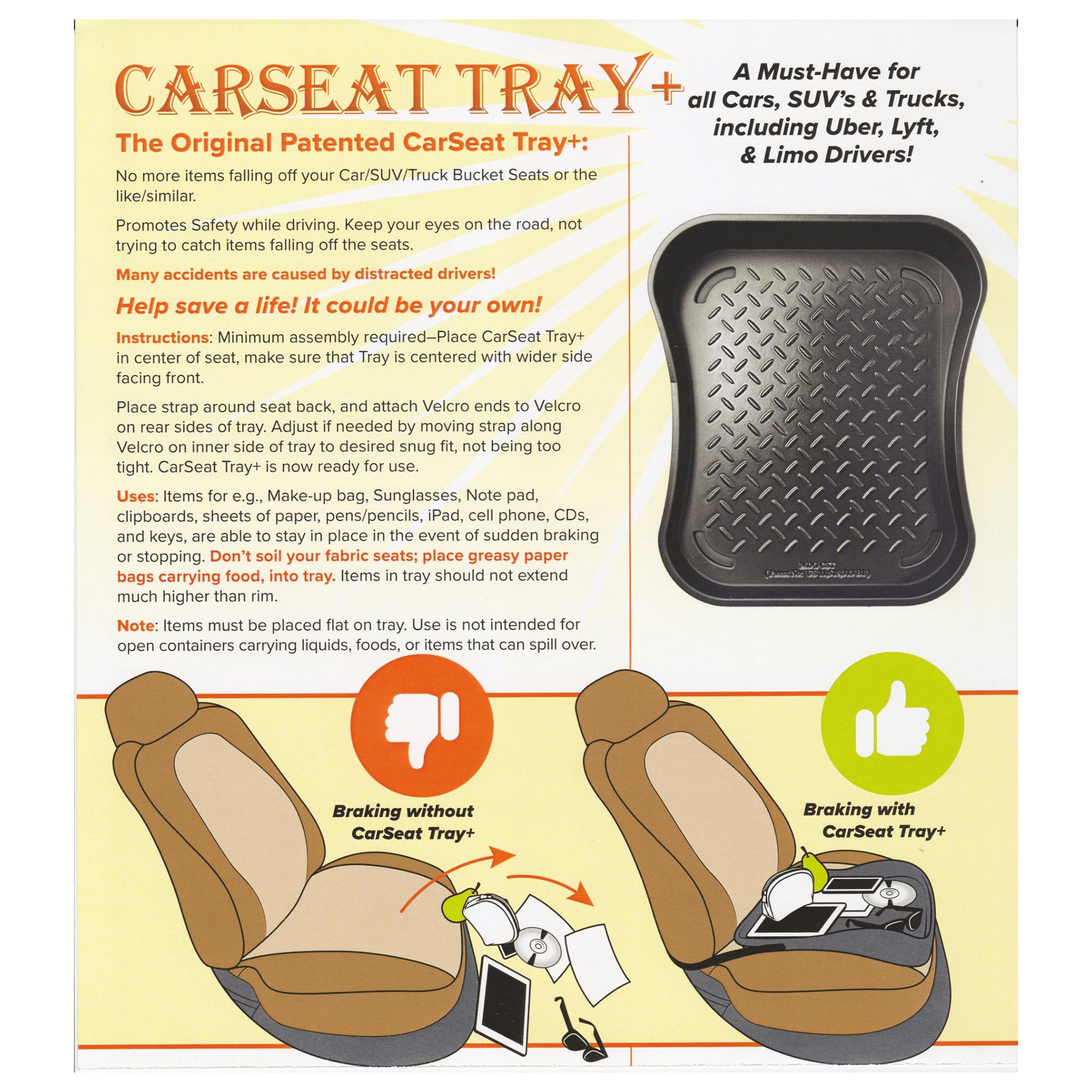 CarSeat Tray+, Clear 17" x 15" x 2.25" Front Seat Organizer For Storing Random Items.