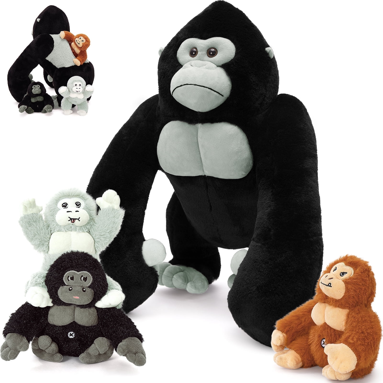 MorisMos 19.6" Black Gorillas Stuffed Animal Mommy Gorillas with 3 Baby Plush Toys