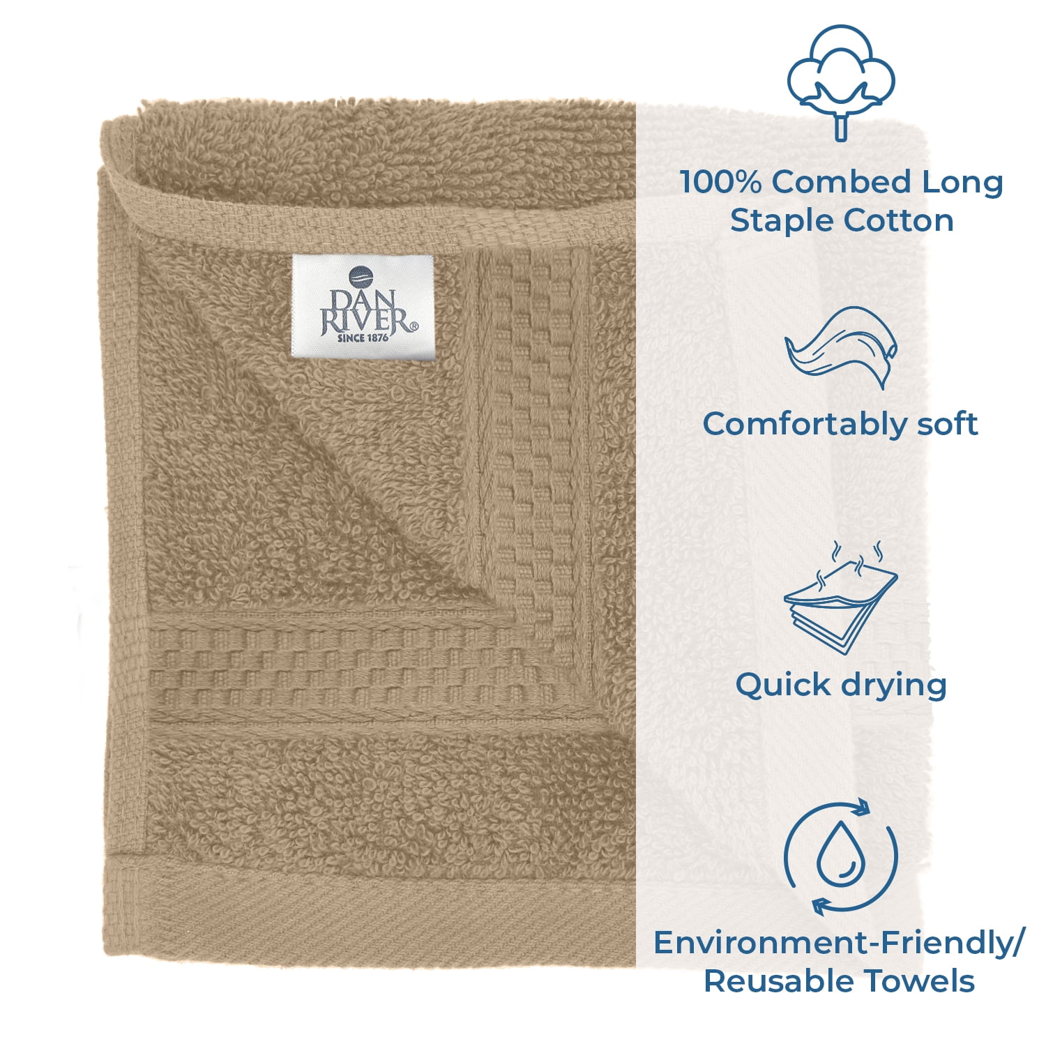 Dan River Washcloth for Face 12 pack Soft Absorbent and Quick Drying Durable Cotton Face Towel - Tan