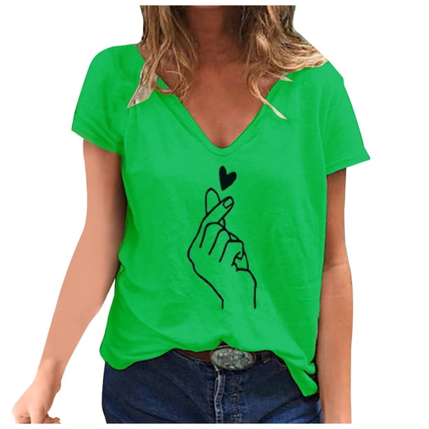 Gibobby Casual Playera de Manga Corta para Mujer Camiseta suelta informal con cuello en V para mujer, blusa manga corta con estampado(Verde,CH)