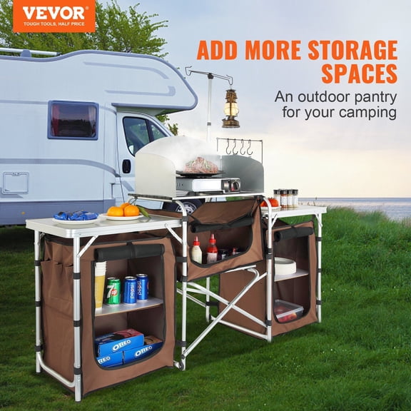 Outdoor Camping Kitchen Table, Foldable Aluminum Cook Station with 3 Cupboards & Windscreen, Portable Cooking Table for BBQ, Picnics, RV Trips - Comes with Storage Bag, Brown